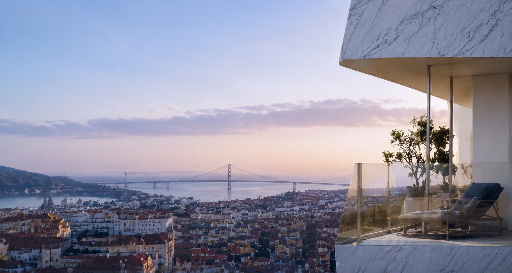 Terraço em mármore com vista sobre Lisboa e a ponte 25 de Abril ao pôr-do-sol